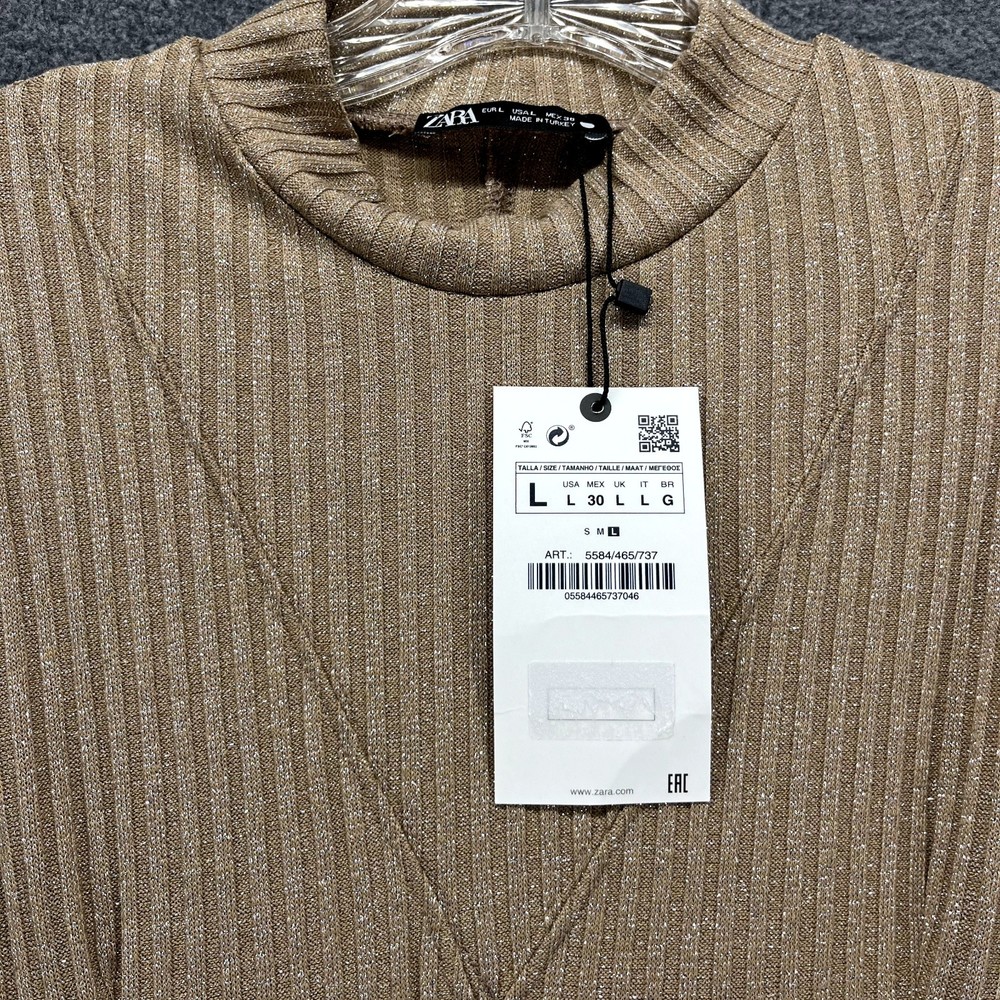 Zara Ribbed Dress womens Size L Tan Sleeveless Stretch metallic thread Halter - Picture 16 of 16